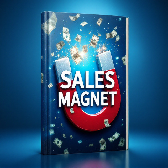 A bold, oversized red-and-silver magnet tilted slightly at an angle dominates the center of the cover. Streams of flying dollar bills swirl toward the magnet, creating dynamic motion and energy. The background is a gradient of electric blue fading into sharp white light at the center, symbolizing clarity and focus. Subtle spark effects near the magnet hint at magnetic energy.