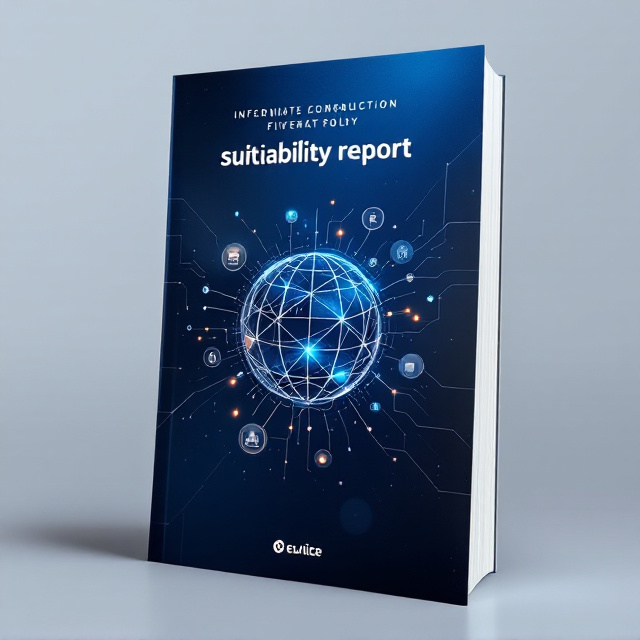 A sleek and formal cover with a gradient of deep blue and silver tones, symbolizing science and technology. The central focus is a geometric globe motif formed by interconnected lines and nodes to convey innovation and global responsibility. Overlayed graphical icons representing the five key elements (e.g., a leaf for environmental protection, hands for community investment, etc.) are subtly integrated around the globe. The background features subtle texture patterns reminiscent of light-reflecting circuits, alluding to technological advancement.