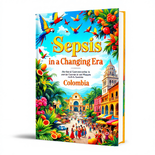 A vibrant cover with a collage-style design that features colorful elements of Colombian nature and culture. The top half of the cover displays a bright blue sky with a flock of colorful parrots, including a prominent papagayo (macaw) in flight. Below, a lush green landscape showcases wax palm trees, tropical fruits like papayas and mangos, and exotic birds. On the right, the iconic Coltejer building rises in the distance, while vibrant colonial-style buildings inspired by Cartagena’s architecture form the midground. The foreground features smiling figures of Colombian people dancing in traditional attire, set amid a lively market scene. The color palette uses bold reds, yellows, blues, and greens for a dynamic, joyful vibe.