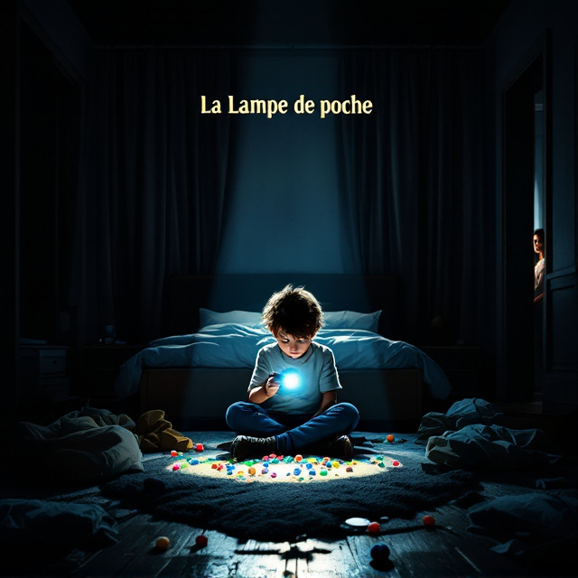 The cover showcases young Nicolas sitting in the center of his dimly lit bedroom with the curtains drawn. He is on the floor, holding a flashlight (light torch), the beam dramatically illuminating the colorful marble he just found under the bed. His bed is positioned slightly in the background, with messy sheets and shadows adding intrigue. In the doorway to the room, Nicolas’s mother is visible, framed by the light of the hallway and her expression angered but restrained. The overall environment is moody, alternating between stark light beams and soft shadows. The contrast between the light from the torch and the deep blacks and whites in the room creates a mysterious atmosphere.