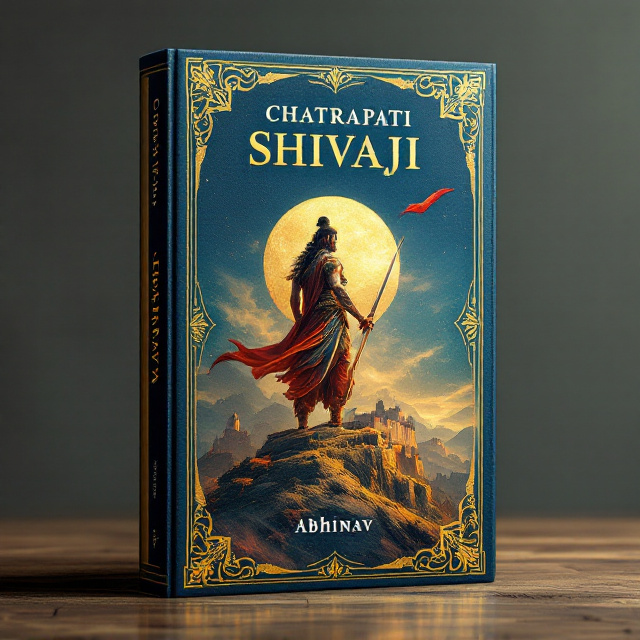 A regal illustration of Chhatrapati Shivaji holding a sword, standing atop a hill with a fortress in the background. The golden hues symbolize his royal stature, while a gradient of deep blue represents the resilience and depth of his journey. A subtle texture of a Maratha flag flutters behind the title. The edges of the cover feature intricate patterns inspired by 17th-century Indian art, providing a historic and cultural touch.