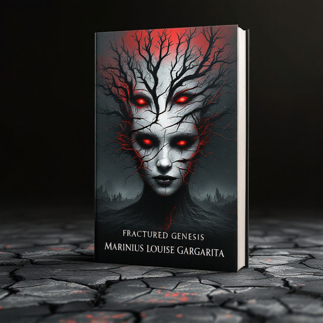 A cracked, desolate ground spreads across the bottom half of the cover, with ominous tendrils of mist crawling upwards. In the background, a silhouette of a jagged, ancient tree reaches into blood-red skies, its leafless limbs resembling anguished hands. In the center, an abstract image of a fragmented human face emerges from the darkness, the fractures glowing faintly in eerie red light. Shadows wrap around the edges of the cover, creating depth and an unsettling atmosphere.