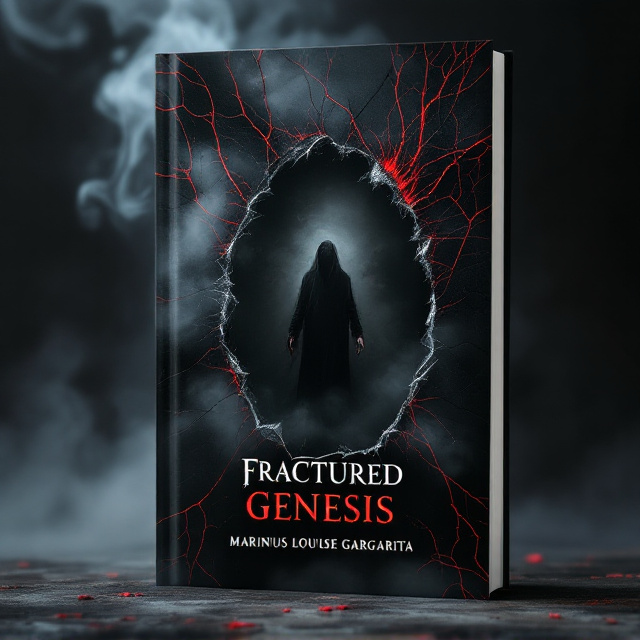 The cover features a haunting, cracked and fragmented black mirror at its center, reflecting a ghostly figure barely visible in its fractured shards. Gray wisps of smoke swirl around the mirror, blending into an ominous black background. Thin red veins, like blood vessels, creep and pulse outward from the broken mirror edges, conveying an unsettling sense of life and decay. The title "Fractured Genesis" emerges slightly distorted above the mirror, as if it, too, is part of the eerie fracture, while faint claw marks can be seen in the lower corners of the cover.