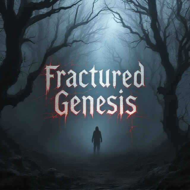 standing book mockup, Its title is "Fractured Genesis ". Its author name is Marinius Louise Gargarita.  A dense, foggy forest occupies the background, rendered in shades of black, gray, and muted whites to create an ominous atmosphere. The trees appear gnarled and twisted unnaturally, with their branches resembling skeletal hands. Emerging faintly from the center of the fog is a shadowy, humanoid figure with undefined features—its presence haunting yet ambiguous, suggesting fear of the unknown. The title "Fractured Genesis" appears fragmented, as if cracked glass overlays it, while subtle blood-red cracks streak across the entire scene to punctuate the horror tone. The title font is jagged and fractured, reflecting the title’s theme, in distressed metallic silver with glowing, ghostly outlines. The author’s name, "Marinius Louise Gargarita," is written in an elegant yet simple serif font in pale gray, positioned at the bottom right to balance the composition and remain unobtrusive., The title "Fractured Genesis" dominates the upper third of the page, with cracks running through it. The shadowy figure occupies the middle, blending seamlessly into the foggy background. Subtle red accents are scattered across the page to guide the viewer's eye. The author name sits neatly in the lower right corner.