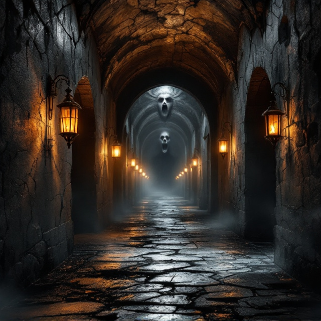 A decrepit, long, winding stone hallway stretches into darkness, the walls cracked, covered with faint orange glow from aged, flickering lanterns. Shadows claw at the edges of the hallway, and ghostly whisper-like wisps swirl faintly in the air. Above it all, there’s a faint silhouette of a screaming face distorted in pain, blending into the cracked stone ceiling. Black and gray dominate the palette, with eerie accents of glowing orange cutting through the darkness.