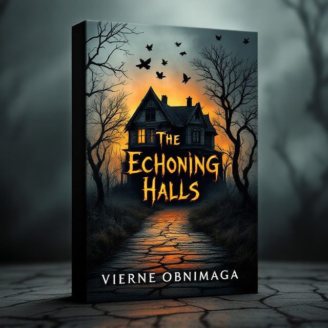 An ominous, abandoned house stands in the center of the cover, partially veiled in mist. The house is decrepit, with shattered windows and a crooked roof. Bare, menacing trees surround the house, their twisted branches casting ghastly shadows. In the foreground, a cracked pathway leads up to the house, illuminated faintly by a burnt-orange glow, as though from a distant fire or twilight. Black crows circle the upper portion of the sky, merging into a gradient of dark gray and deep orange hues. A faint ghostly face is subtly etched into the mist for an unnerving detail only noticed upon closer inspection.
