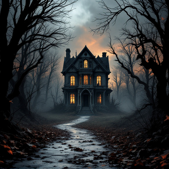 An abandoned, decrepit house positioned in the center of the cover. The twisted structure is silhouetted against an unsettling gradient sky in black and ash-gray with eerie streaks of deep burnt orange. A long, winding path covered in dead leaves leads to the house, framed by skeletal tree branches that stretch ominously toward the edges of the design. The windows of the house emit a faint, sinister orange glow, suggesting a malevolent presence within. Faint, translucent shadows of indistinct figures blend into the misty background, enhancing the haunting atmosphere.