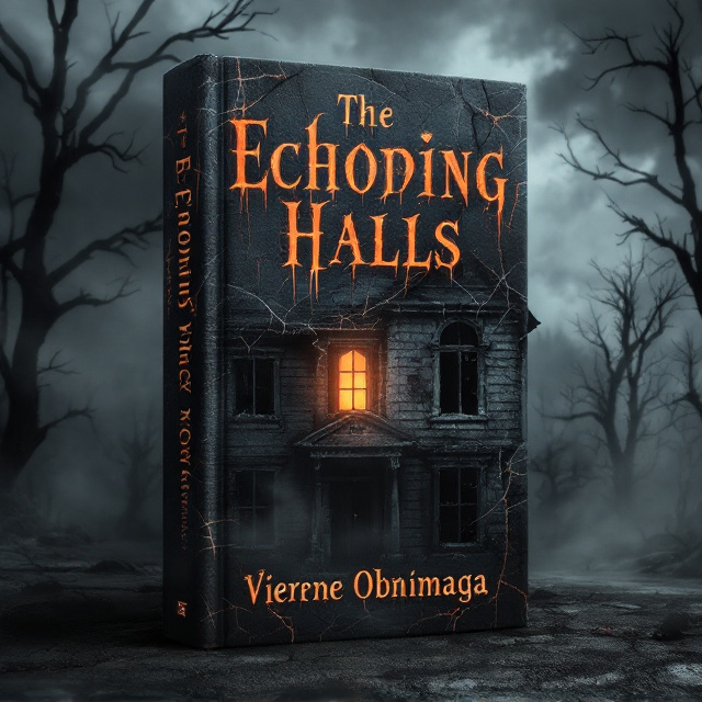 A dark, decaying, abandoned house takes center stage, surrounded by dense mist and deadened trees in the background. The facade of the house is cracked, with broken windows peering out hauntingly. A single dimly lit orange light glows in one window, casting long, eerie shadows. Subtle tendrils of fog sweep upward, forming ghostly figures in the gray-black backdrop. There’s a faint blood smear near the doorframe, adding a sinister element. The house is framed by a stormy gray and black sky, shot through with faint, streaky orange tones to emphasize unearthly tension.
