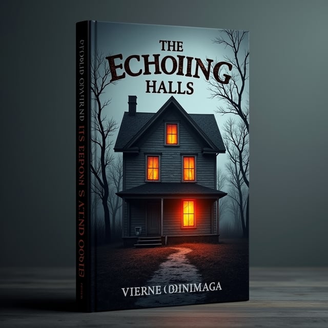 The focus of the cover is a decrepit, abandoned house with broken windows and a partially collapsed roof. The house is shrouded in deep shadows, surrounded by withered trees and creeping fog. An ominous orange glow emanates from one of the broken windows, suggesting a supernatural presence. The background consists of a stormy gray sky, giving a sense of impending dread. Faint ghostly shapes can be seen within the fog, adding to the eerie atmosphere.