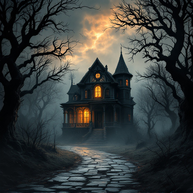 A dilapidated, shadow-cloaked house sits at the center of the cover, enveloped by swirling gray mist. One orange light flickers faintly in a cracked second-story window, casting an eerie glow. Twisted, leafless black trees loom on either side, their gnarled limbs reminiscent of clawed hands. A dark pathway leads up to the house, cobblestones appearing sporadically through the fog. The sky is an unsettling gradient of deep black and charcoal gray, with streaks of dark orange suggesting a dying sunset. Subtle ghostly silhouettes can be faintly discerned hiding in the mist.