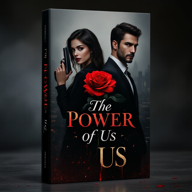 The cover's central focus is a shadowy silhouette of a woman holding a gun against her side, her gaze fierce and piercing. Opposite her stands a man with a smirk, in a tailored suit, his hands in his pockets, exuding charisma and danger. They're set back-to-back, highlighted by a dramatic red rose dripping blood between them. The background is a misty, dark cityscape with subtle flashes of fire and gunpowder smoke. The Mafia theme is accentuated with faint traces of dollar bills and weapon schematics fading into the darkness near the lower edges.