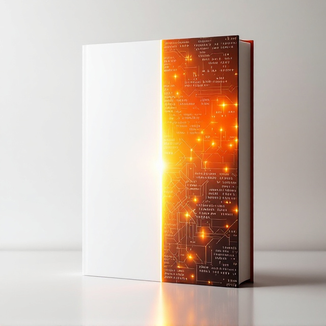 The cover is divided in half vertically. The left side is pure white with a faint, soft gradient towards the middle. The right side is a vivid orange with subtle, glowing light patterns like intersecting codes or encrypted scripts etched into the background. The center showcases a faint vertical line fading into both sides to symbolize the division. A subtle image of a light beam piercing through scattered geometric lines overlays the orange section.