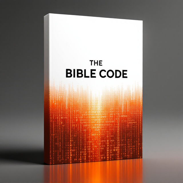 The top half of the cover is a pristine, stark white background that exudes mystery and purity. The bottom half is a bold, vibrant deep orange with a subtle texture resembling hidden coded text fading in and out, invoking a sense of secrecy. In the center, an abstract digital matrix of Hebrew letters (referencing biblical texts) flows vertically down, transitioning between white and orange. The letters glow faintly, giving an otherworldly effect.