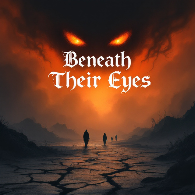 A silhouette of eerie, disembodied eyes floating at the top, surrounded by jagged shadows. Below, a cracked and desolate ground stretches into a misty, endless void marked by faint, ghostly figures emerging from the darkness. Black smoke tendrils curl upward around the edges, blending seamlessly into an orange, blood-drenched sky.