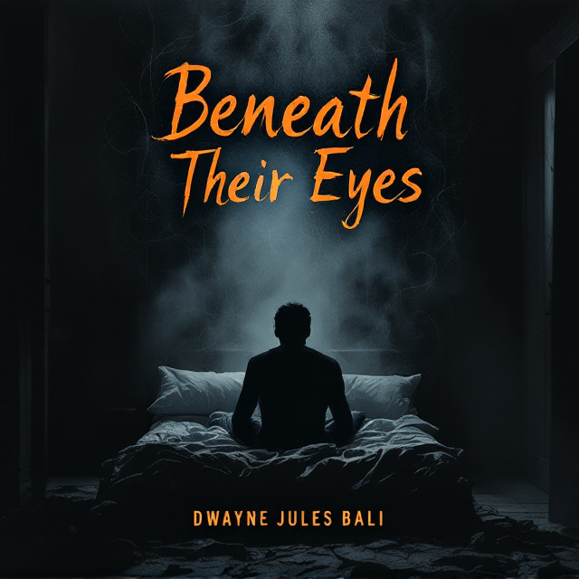 A shadowy bedroom scene drenched in tones of black and gray. Owen is barely visible on a disheveled bed, his silhouette defined only by faint, eerie orange light spilling from an ajar door. Tendrils of mist creep from the edges of the room, threading into spiraling shapes that form whisper-like faces, frozen mid-murmur. The atmosphere feels suffocating, with soft vertical lines suggesting the sound vibrations filling the air.