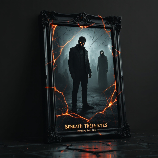 A darkened room is depicted with a cracked, vintage mirror as the focal point. In the reflection, the protagonist stands with a visibly twisted and eerie version of himself on the other side—a pale, shadowy doppelgänger with hollow, glowing eyes. The background inside the reflection slightly differs, showing a sinister, dim environment with subtle haunting details like faint silhouettes or ghostly apparitions. The overall color palette is black with gradients of gray and glowing orange highlights around the cracks in the mirror, adding an ominous flair.