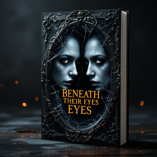 A cracked, antique mirror on the cover's center dominates the design, reflecting two nearly identical figures. One figure has a vacant, haunting expression, while the other's reflection, slightly faded and distorted, appears anguished and sinister. Both figures have dark, hollow eyes, emphasizing horror and sadness. The background is shadowy with a gradient black-to-gray texture, surrounded by faint streaks of smoky orange hue, suggesting an eerie glow. Subtle details of faint handprints and scratches on the mirror add depth and unease.