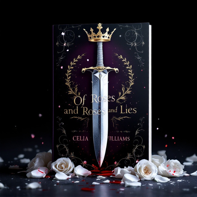 White roses drip with fresh blood, their petals scattered along the edges of the cover as if blown by a gust of wind. The silver dagger gleams in the center, angled slightly downward as though it's been plunged forcefully. Above the dagger, a pale gold crown rests, slightly askew, with dark shadows casting a haunting aura behind it. The backdrop is a gradient of deep purple fading into black, creating a mysterious and foreboding atmosphere.