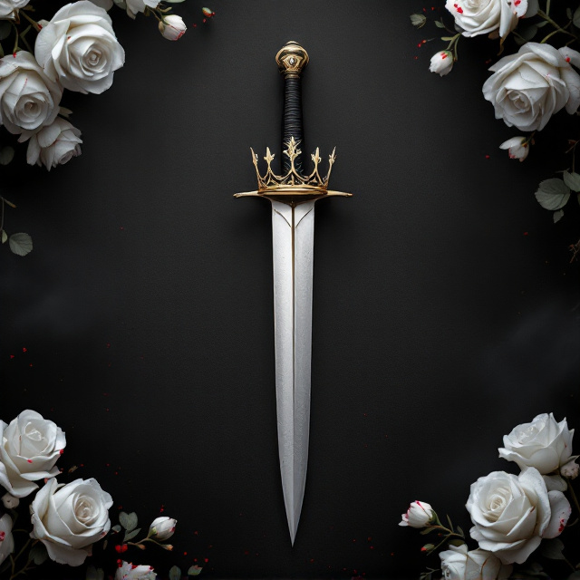 A dark, textured background, almost black but with faint swirls of smoky charcoal gray for an atmospheric effect. At the edges of the cover, clusters of white roses are scattered with their petals tinged and streaked in blood red, creating a sense of both beauty and tragedy. At the very center, a sleek silver dagger is positioned vertically, its sharp tip pointing down. Balanced on the dagger’s hilt is a delicate but regal pale gold crown, slightly tilted to hint at imperfection. A subtle glow surrounds the crown, emphasizing its importance. The blood from the roses appears to flow slightly toward the dagger's base, pulling the elements together.