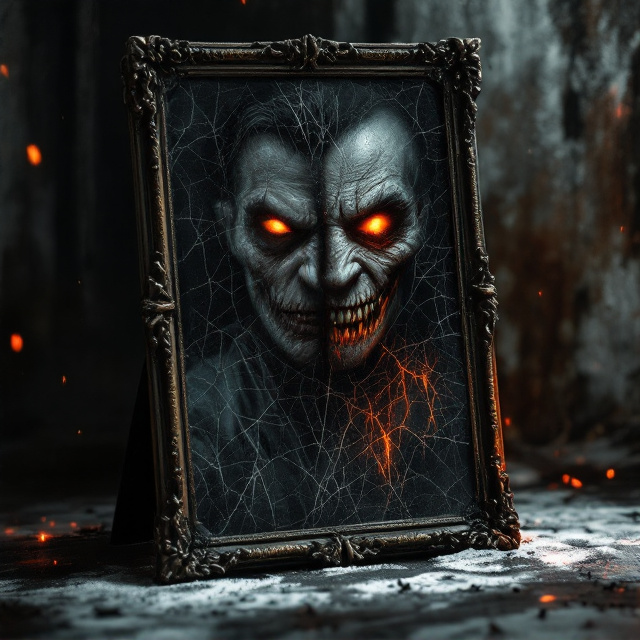 The cover features a cracked, antique mirror set against a faded, cold, and eerie black-gray room, with dim orange lighting spilling in like haunting streaks of a setting sun. The central focus is the mirror’s reflection—on one side stands a man with hollow, sad eyes wearing torn, grim clothes, and on the other side, his reflection is sinister, with a twisted, malevolent grin and glowing orange-tinged eyes. The reflection is slightly off-kilter, suggesting the two are entirely different beings. Around the frame of the mirror, faint ghostly handprints and whisper-like streaks create suspense and unease. The texture of the mirror glass is cracked and frost-veined, adding a fragmented, hopeless emotion.