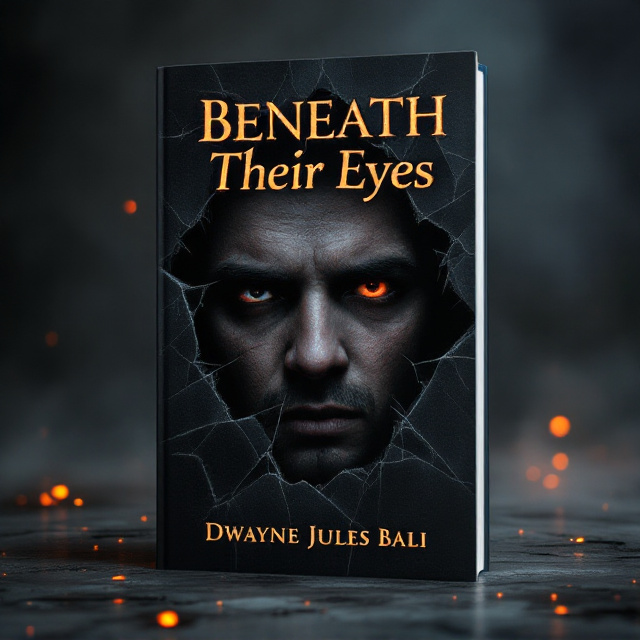 The cover features a dark, shattered mirror spreading uneven cracked edges. In the reflection, there is a haunting figure – a man – half of his face resembling the protagonist, and the other half shadowy and distorted, giving him an otherworldly, unsettling appearance. The background is a misty grayscale room with faint traces of orange flickering light, resembling fire embers. The sad and hollow eyes of both figures dominate the center of the cover, drawing the viewer’s attention. Shadows creep across the bottom, merging into the black foreground.
