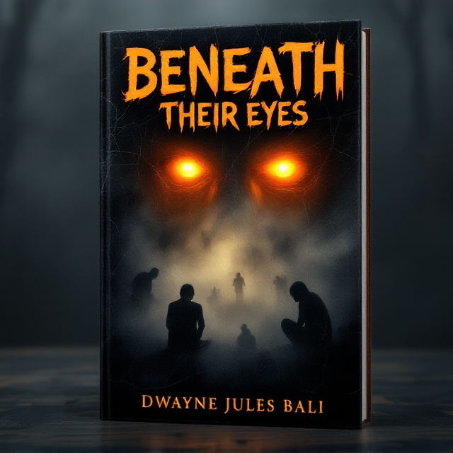 A silhouette of a pair of glowing orange eyes emerges from a dense, grayish-black mist spreading across the cover, symbolizing terror hidden beneath observation. Below the eyes, faint shadowed figures can be seen crumpled or crouched, exuding sadness and despair. The orange glow softly radiates onto the mist, contrasting the ominous black and gray tones. A cracked texture overlays the mist, giving the impression of broken reality.
