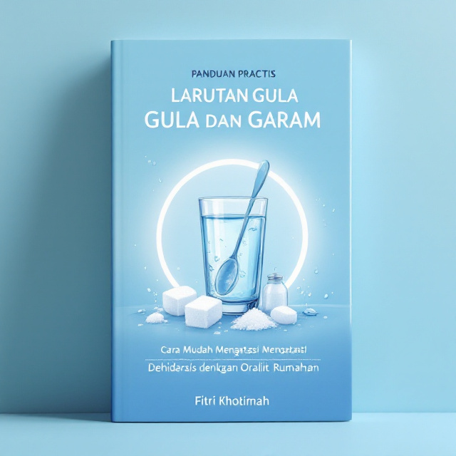 A serene blue gradient background transitions from light blue at the top to a deeper hue at the bottom, representing calmness and hydration. At the center, a realistic yet minimalistic illustration of a transparent glass with a spoon inside is featured, containing a crystal-clear sugar-and-salt solution. Surrounding the glass are simple illustrations of sugar cubes, a small salt shaker, and drops of water splashing gracefully, symbolizing freshness and health. A clean white circular halo subtly surrounds the glass, drawing attention to the illustration while signifying purity and trust.