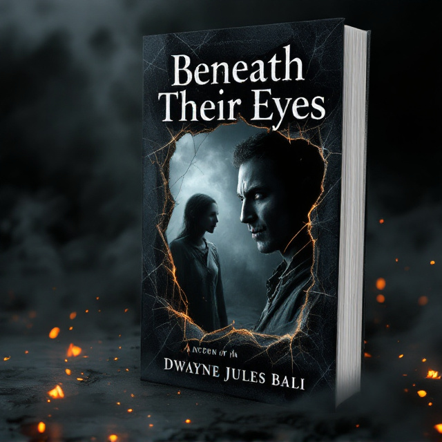 A darkened, cracked mirror occupies the center of the book cover, framed in jagged, uneven edges. On one side of the mirror is a ghostly figure of a man, pale, with hollow eyes, staring into the glass. In the mirror’s reflection is a distorted version of the same man, but his facial expression is twisted with a sinister grin while wearing tattered clothes. The background outside the mirror is shrouded in an eerie black and gray smoky mist, while the reflection’s background has faint, burning orange embers floating in the air. A faint silhouette of a motherly figure, blurred and distant, is slightly visible in the mist, creating a hauntingly tragic undertone.