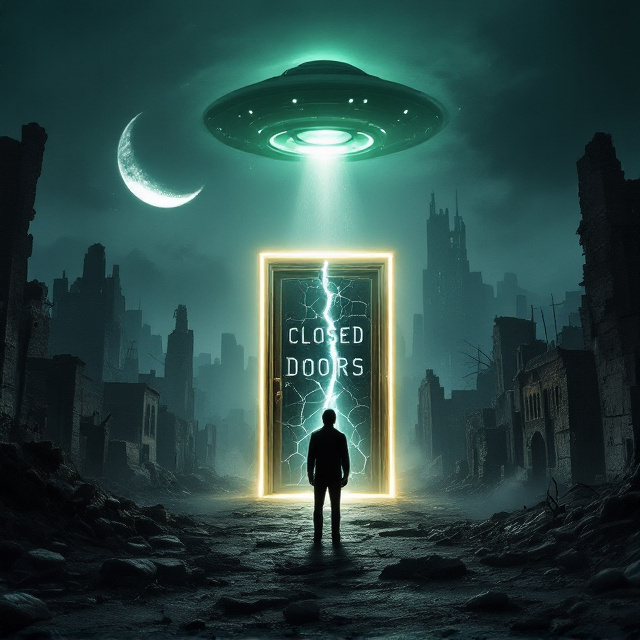 A cityscape in ruins under a pitch-black sky with a crescent moon. A UFO hovers ominously in the background, emitting an eerie green light that casts elongated shadows on the decayed structures below. A shadowy figure stands at the forefront, partially obscured by a glowing, cracked door floating midair. The ambiance is dark and moody, with cold, metallic tones and a faint mist adding depth and unease.