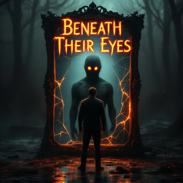A dark and haunting scene with a shattered, antique mirror as the focal point. The main character stands in front of the mirror, but his reflection reveals a terrifying, otherworldly version of himself in a distorted body, wearing eerie, hollow eyes. The mirror crack lines are faintly glowing in sinister orange hues. The background fades into a shadowy, foggy atmosphere with subtle hints of vague, ghostly figures lurking in the distance.