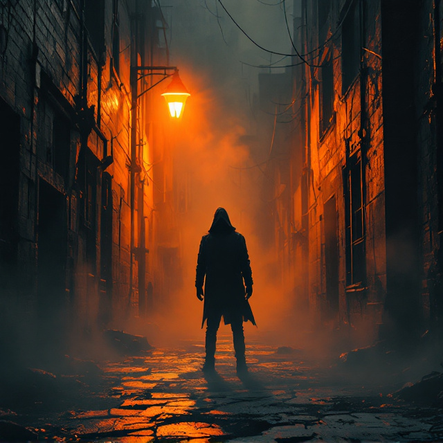 A shadowy figure with indistinct features stands in the middle of an abandoned, foggy alleyway. The orange glow of a single flickering streetlight faintly illuminates the figure, casting long, jagged shadows across the ground. The background features dilapidated, cracked walls dripping with dark stains. An eerie mist swirls across the bottom of the cover, blending into the darkness of the ground. The title "Hollow Man" appears large in the foreground, cutting through the mist, with jagged and fragmented edges like broken glass.
