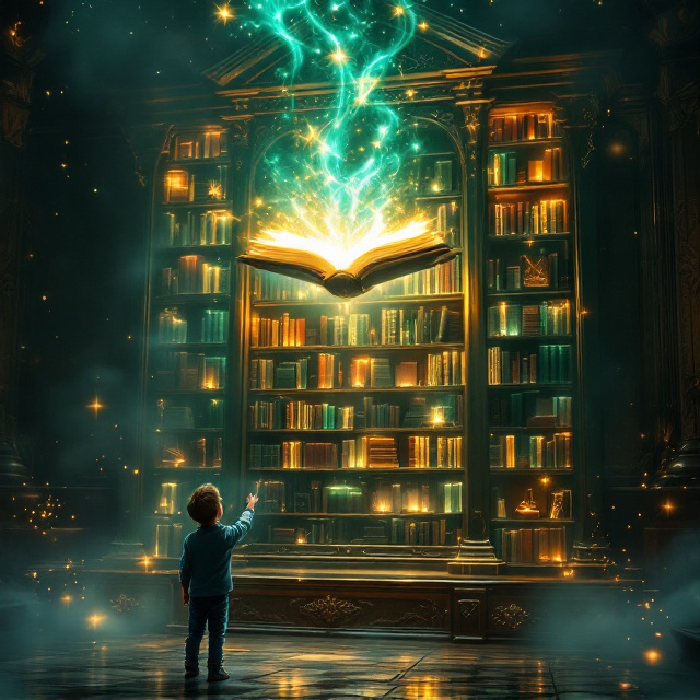 A luminous, glowing magical library set against a dark, stormy backdrop. The central focus is a large, ornate wooden bookshelf with intricate carvings, glowing golden and emerald light radiating from the books. A young boy stands at the bottom corner of the shelf, reaching upward toward a floating, open book engulfed in sparkling mystical energy. Swirling magical symbols and faint ghost-like outlines of literary characters hover in the background. The entire scene is surrounded by a soft, misty aura of light.