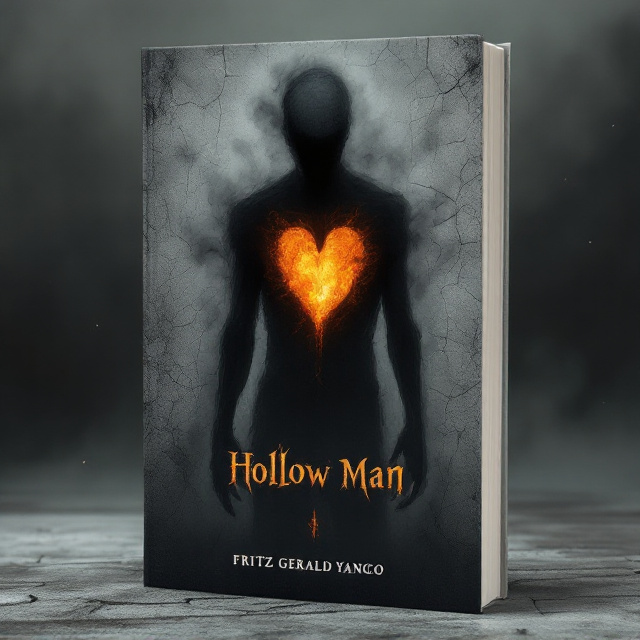A terrifying silhouette of a hollow, emaciated humanoid figure stands in the center, its edges melting into black smoke that spreads across the cover. In its chest, a gaping void in the shape of a human heart emits an eerie orange glow that fades into shades of gray. The background is textured, resembling cracked concrete, with a faint, ghostly mist rising from the bottom.