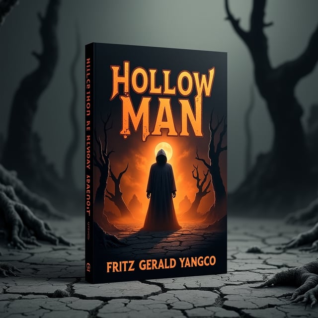 A shrouded figure emerging from an orange mist stands alone on a desolate, cracked gray ground. The mist seems alive, swirling eerily with dark tendrils. Behind the figure looms an ominous, crumbling, shadowed structure barely visible in a blackened sky streaked with faint orange veins that resemble bleeding scars. The figure’s hollow, glowing eyes create a ghostly focus point. Dead trees claw upward in the distance, framing the scene and adding to the atmosphere of desolation and fear.