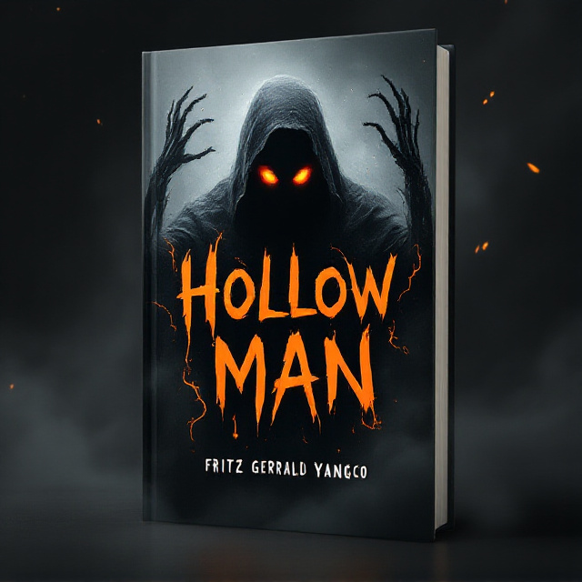 A black and gray background showing a shadowy, distorted human silhouette with hollow, glowing orange eyes. The figure appears to be emerging from dense fog, with skeletal hands reaching out ominously. The edges of the cover are dark and fade into pitch black, giving a sense of depth and void. Wisps of orange light snake through the fog, adding a sinister and mysterious glow.