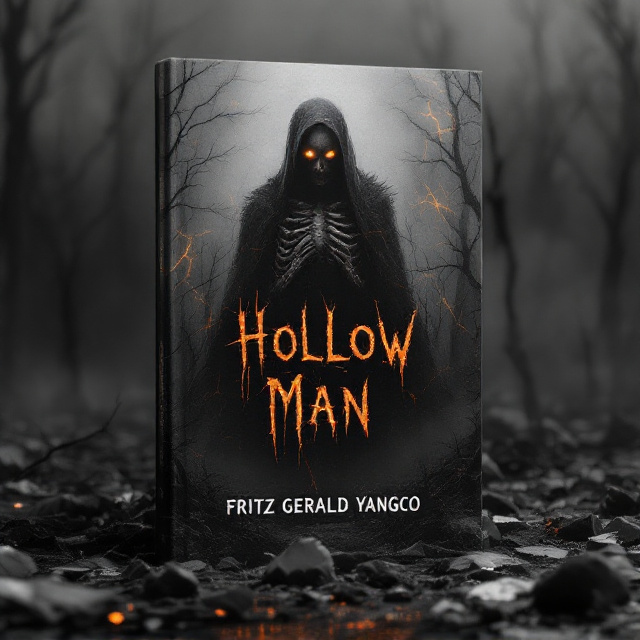 A shadowy, emaciated figure is partially emerging from a foggy, charred wasteland. The figure’s form is skeletal, with hollow eyes glowing faintly orange against the grayscale backdrop. Surrounding the figure are bare, twisted trees and scattered remnants of a broken mirror, pieces reflecting distorted, eerie fragments of the figure’s face. The background gradient fades from deep black to a disturbed gray mist. Subtle jagged orange streaks cross the background like cracked lightning, adding tension and dynamism to the haunting image.