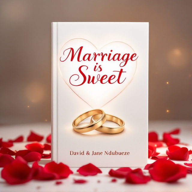 An elegant, softly glowing white background symbolizing purity and spirituality, with red rose petals subtly cascading from the top left corner to the bottom right. In the center, a sleek, intertwined ring design in metallic gold that suggests love and unity. A faint heart outline in a glowing red surrounds the entire design.
