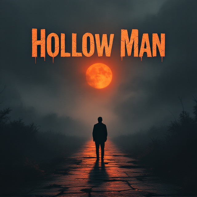 A shadowy silhouette of a man stands on a desolate path, illuminated by a dim orange glow from a setting sun that cuts through heavy black and gray storm clouds. The figure appears haunted, with subtle suggestion of tears streaming down his face, blending into the grim, ominous background. The path narrows into a foggy abyss, with faint outlines of menacing, ghostly shapes subtly emerging in the fog.