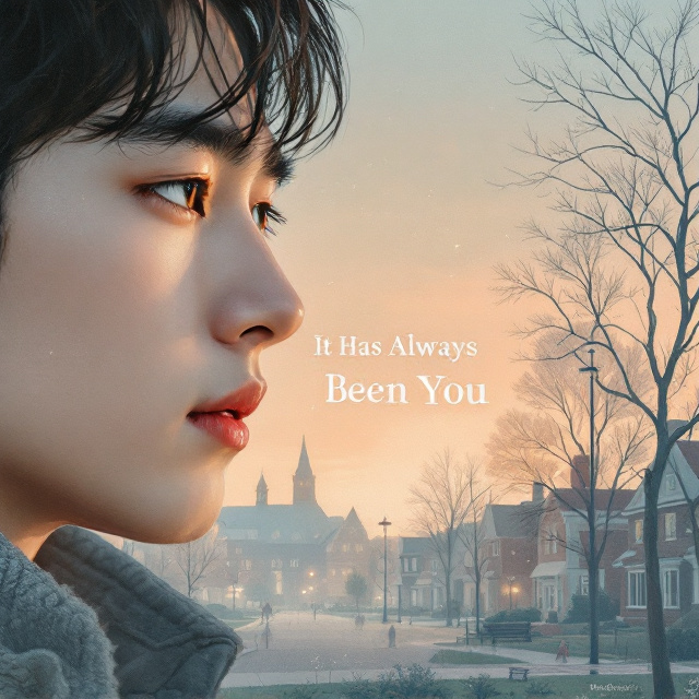 The cover features the lower half of a young man’s face, inspired by Jungwon (Enhypen), set slightly to the left of the frame. His expression is serene yet introspective, hinting at a complex emotional depth. Behind him, a hazy illustration of a small town campus with tree-lined streets and cozy brick buildings fades softly into a twilight sky. Muted tones of warm peach and dusky blue dominate the design, while a faint overlay of handwritten letters or doodles subtly emphasizes themes of friendship and childhood memories.