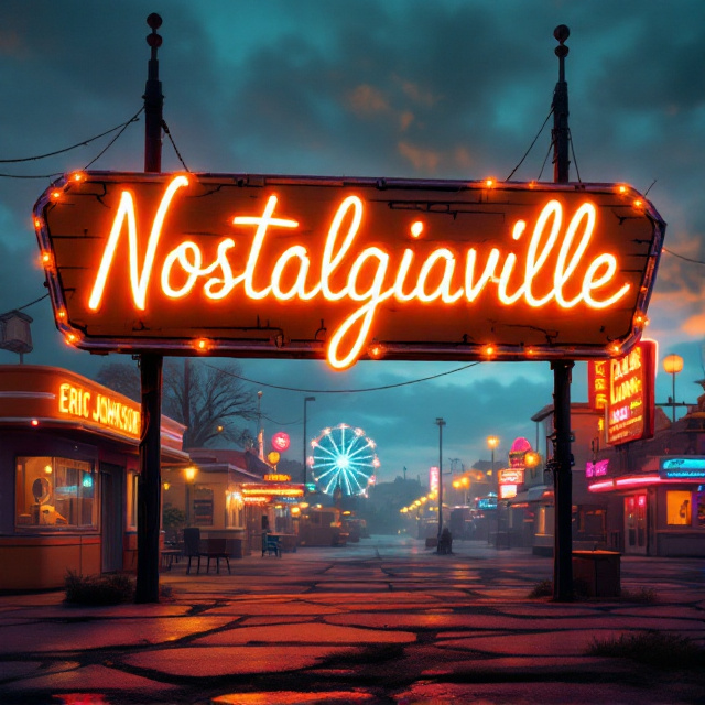 The cover features a dreamy, glowing, vintage-style neon sign that spells out "Nostalgiaville" in large, captivating letters. The sign is weathered but still vibrantly lit, supported by aged poles, and situated at the forefront of a slightly misty and surreal horizon. Behind the sign is a softly blurred panorama of the whimsical town—a blend of retro diners, old-fashioned carnival rides, and quaint houses fading into the distance. The color palette consists of warm, faded tones like amber, rust orange, and twilight blue, evoking a deep sense of nostalgia and bittersweet sentiment. A subtle vignette effect encircles the edges, drawing the eye towards the glowing sign as the centerpiece.