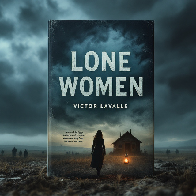 The cover features a lone, shadowy figure of a woman walking away from a small, desolate cabin in the middle of an expansive, barren prairie. The sky above is heavy and dark, with swirling storm clouds in gradients of deep gray and blue. A torn lantern emitting a dim, flickering light sits in the foreground near the figure, symbolizing a fragile hope. Faint silhouettes of ominous figures or creatures almost blend into the stormy backdrop, evoking a sense of fear and foreboding.