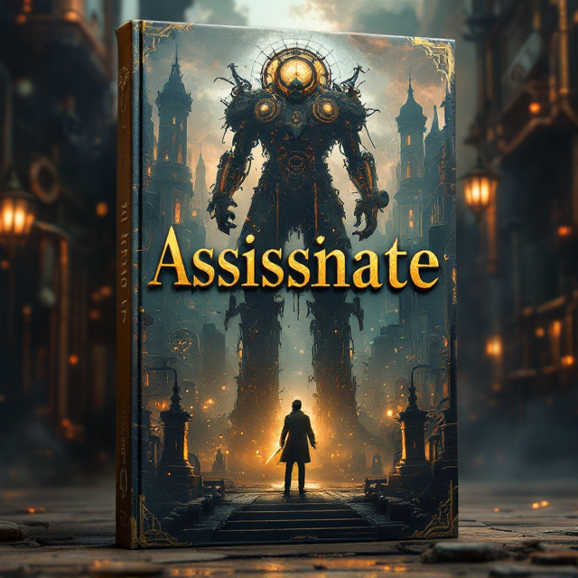 A towering, rusted clockwork figure looms in a misty cityscape filled with steam vents and dark, metallic-colored Victorian-era buildings. Copper gears and pipes intertwine on the edges, with glowing amber lights casting a mysterious sheen. A shadowy figure in a trench coat and goggles holds a glowing brass dagger, their silhouette set against an iridescent, steamy haze. The background transitions from metallic colors at the bottom to a brass-toned sky above, evoking a sense of intrigue and danger.
