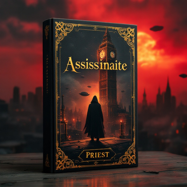 standing book mockup, Its title is "Assisssinate". Its author name is priest.  A dark, brooding cityscape sits beneath a crimson-hued sky. A single cloaked figure stands on a high rooftop, backlit by a glowing mechanical clocktower with exposed gears. An arrangement of brass pipes, smoke, and airships hover faintly in the background. Gilded steampunk elements such as gears and Victorian-style floral patterns border the edges of the cover. The title "Assisssinate" is rendered in a bold, weathered brass-colored serif font with slight filigree detailing, resembling etched metal. The author's name, “Priest,” is displayed in a smaller, italicized Victorian-style typeface toward the bottom., The title is centered near the top of the cover, with the single cloaked figure serving as the focal point beneath it. The author’s name is placed at the very bottom. The background cityscape fills the lower half, while the glowing mechanical clocktower and airships occupy the upper area for balance. The steampunk gear borders are slim and frame the imagery without overwhelming it.