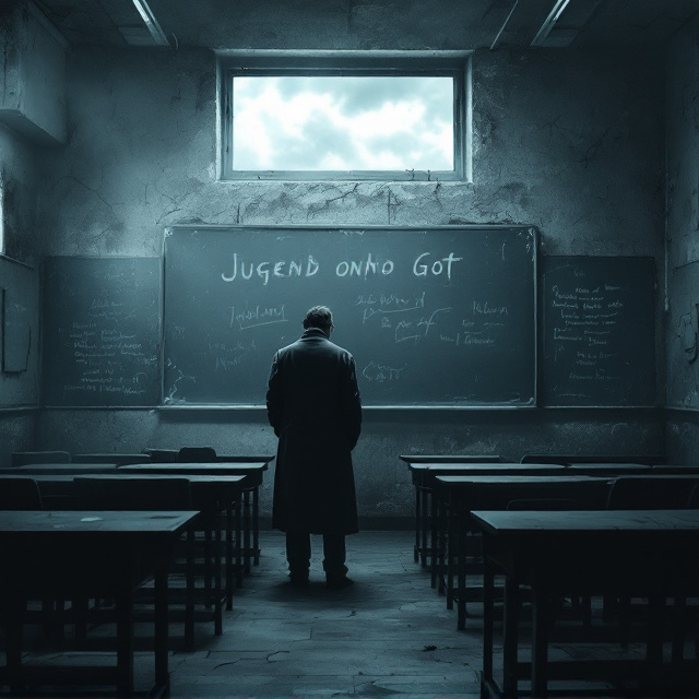 A dimly lit classroom takes up most of the cover space with an empty chalkboard as the centerpiece. A solitary, shadowy figure of a teacher stands hunched in the classroom's foreground, wearing a dark overcoat. The walls are smudged and cracked, with illegible scrawls and fading quotes suggesting internal chaos and alienation. A single cold gray window in the upper background reveals a stormy, cloudy sky. The overall atmosphere is one of despair and isolation, with muted tones of gray, black, and deep blue dominating the palette.
