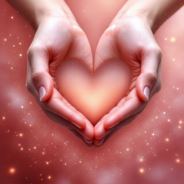 A close-up of two hands lightly brushing against each other, with faded, soft brushstrokes forming the shape of a heart in the center. The background is a gradient of deep crimson melting into soft blush pink, symbolizing passion and tenderness. Light golden dust particles swirl subtly around the hands, enhancing the ethereal, romantic tone.
