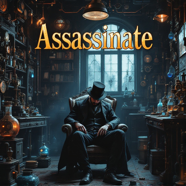 A dimly lit room filled with steampunk machinery and intricate gadgets dominates the scene. Brass gears, copper pipes, glowing blue vials, and ornate clockwork mechanisms are strewn throughout the room. In the center, a lone man, dressed in a worn-out steampunk suit with a tattered top hat, sits slouched in a wooden chair. His face is shadowed, looking down at a rusted pocket watch in his hand, creating a palpable sense of isolation. The background showcases a sprawling bookshelf filled with mechanical knick-knacks, and an old, cracked window lets in faint rays of evening light, adding to the melancholic atmosphere.