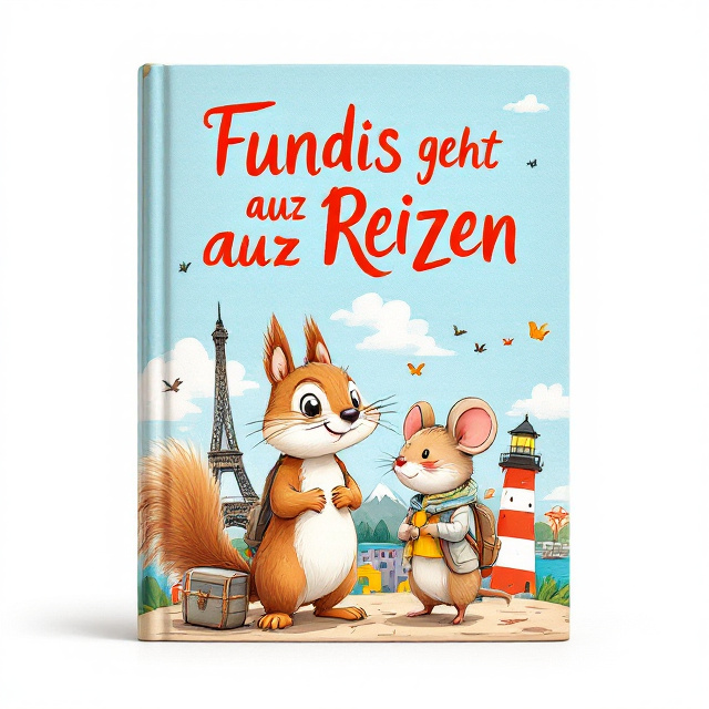 standing book mockup, Its title is "Findus geht auf Reisen". Its author name is Mario Gieringer.  A whimsical and colorful illustration featuring an energetic and adventurous squirrel (Eichhörnchen) and an adorable, curious mouse (Maus) traveling together. They are standing in front of iconic landmarks from various destinations (e.g., the Eiffel Tower, a mountain, a lighthouse) in a playful montage. The background features a bright blue sky with fluffy clouds and hints of greenery. Other small animals like birds or butterflies can be added for charm and liveliness. Playful, hand-drawn-style font for the title "Findus geht auf Reisen," in vibrant red or orange to match the joyous tone. The author’s name, "Mario Gieringer," appears in a simple yet elegant sans-serif font in a smaller size near the bottom to balance the composition., The title takes up the top portion in bold, curving slightly to mimic the adventurous theme, while the illustrations dominate the center. The author’s name is placed at the bottom right, subtly integrating into the overall design.