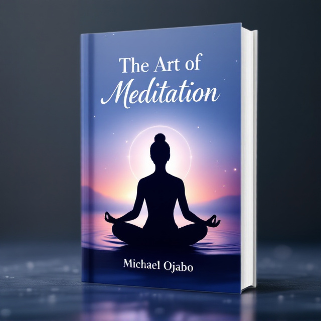 A serene background featuring a silhouette of a person meditating in lotus position, surrounded by subtle gradients of soft blues and purples, representing tranquility and inner peace. The figure is placed in the center, with faint glowing light radiating outward to symbolize clarity and enlightenment. Minimalist elements, such as subtle waves or rings, add depth to the design.