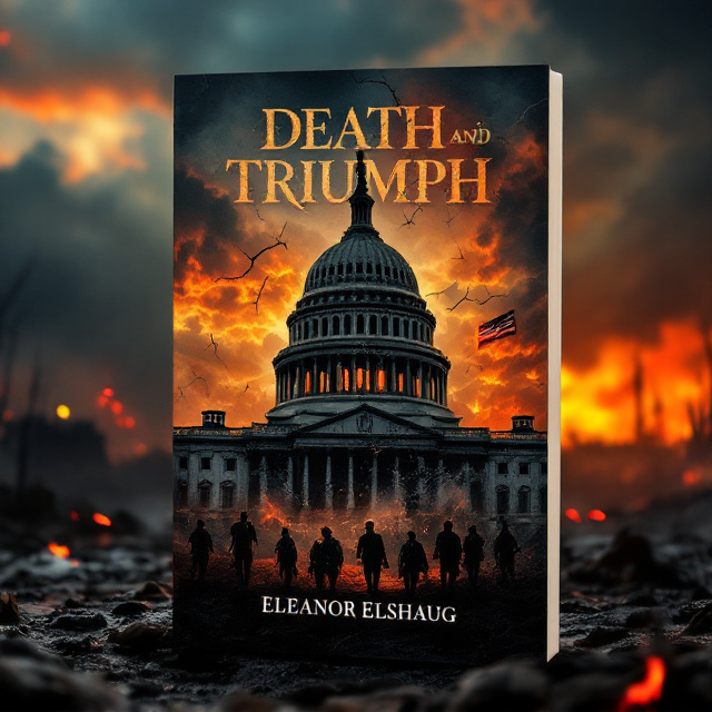 In the foreground, a haunting silhouette of the Capitol building, with cracks running through its structure to symbolize collapse. The backdrop consists of a fiery sky with a burnt orange hue, merging into dark storm clouds, hinting at destruction and chaos. Silhouettes of soldiers march at the bottom, their shadows elongated against a barren, war-torn landscape. The faint outline of a torn American flag waves in the corner, burnt at the edges.