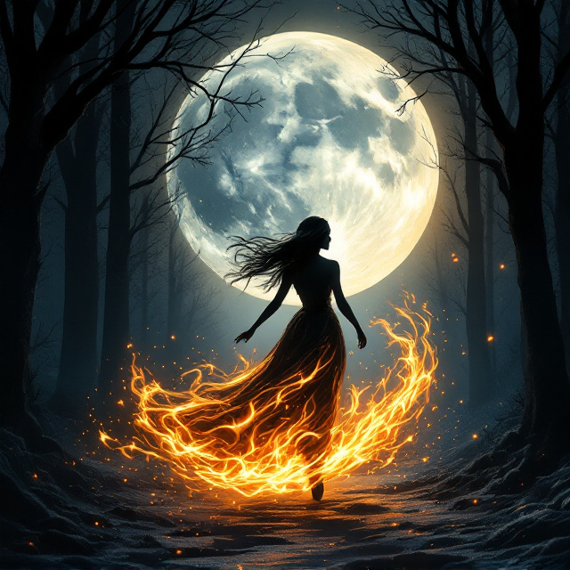 A lone princess with flowing, intricate lineart detailing her gown, running through a dark forest under a massive, glowing full moon. Her silhouette is surrounded by a dynamic, swirling fire symbol resembling flames whirling in a protective yet chaotic way. The background transitions into a gradient of deep blacks, blues, and subtle ash greys, creating a mystic atmosphere. The trees in the forest are stylized with sharp, angular branches that echo the dark, fantastical mood of the book.